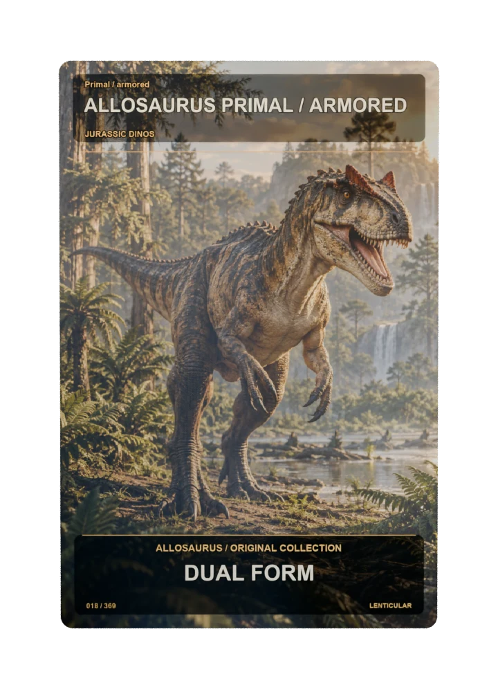 Allosaurus primal / armored collectible card with two angle-dependent artwork states