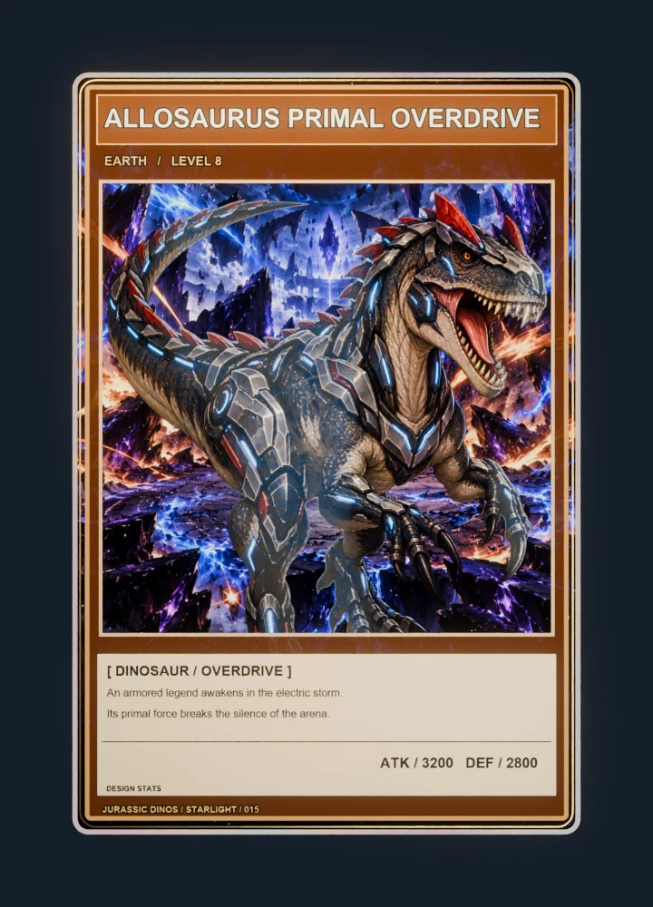 Allosaurus anime battle collectible card with holographic foil
