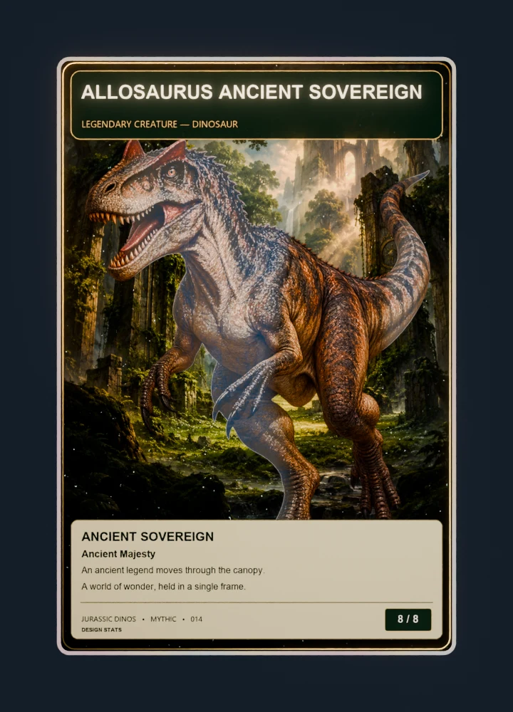 Allosaurus fantasy oil painting collectible card with holographic foil