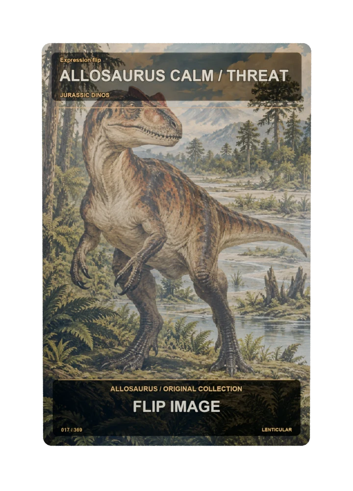 Allosaurus expression flip collectible card with two angle-dependent artwork states