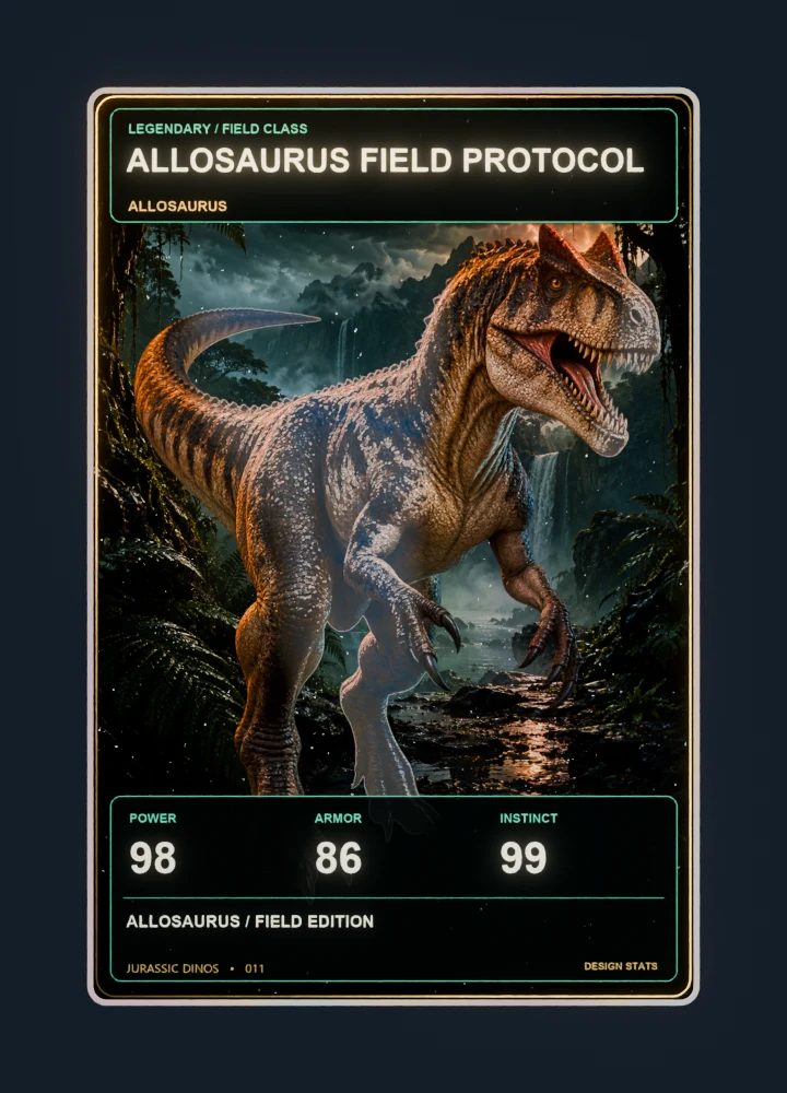 Allosaurus realistic 3d game collectible card with holographic foil