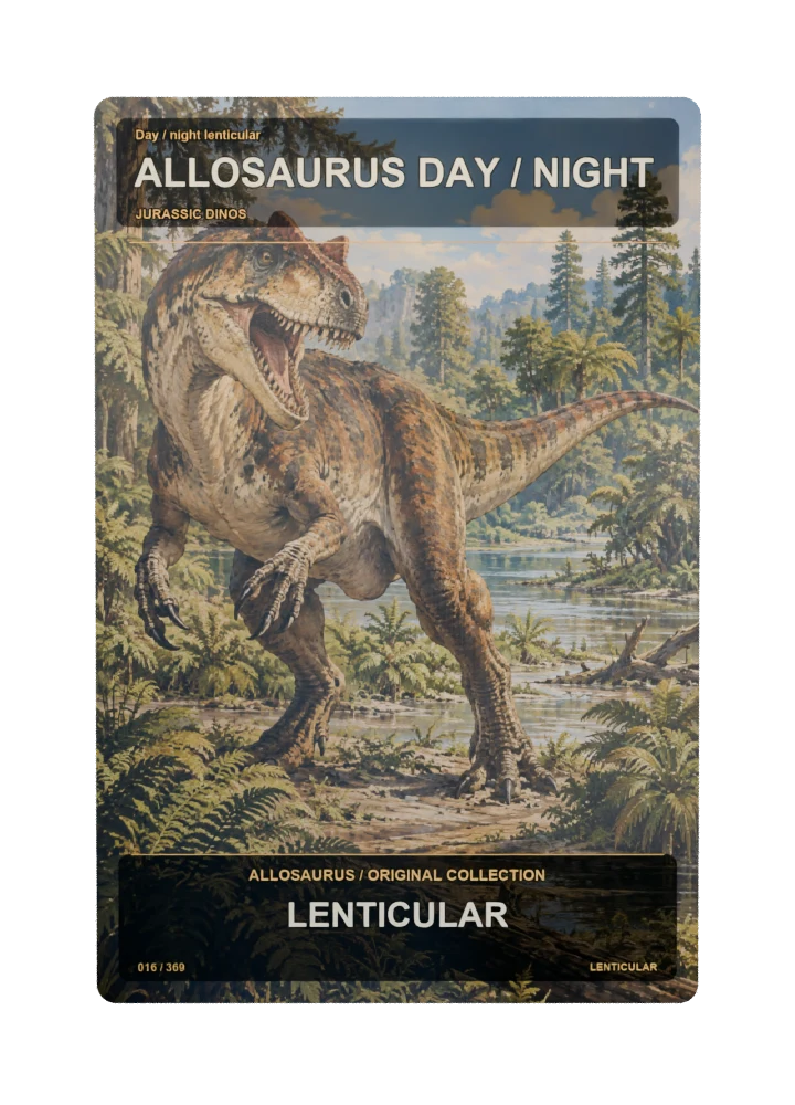 Allosaurus day / night lenticular collectible card with two angle-dependent artwork states