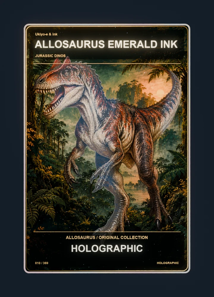 Allosaurus ukiyo-e & ink collectible card with holographic foil