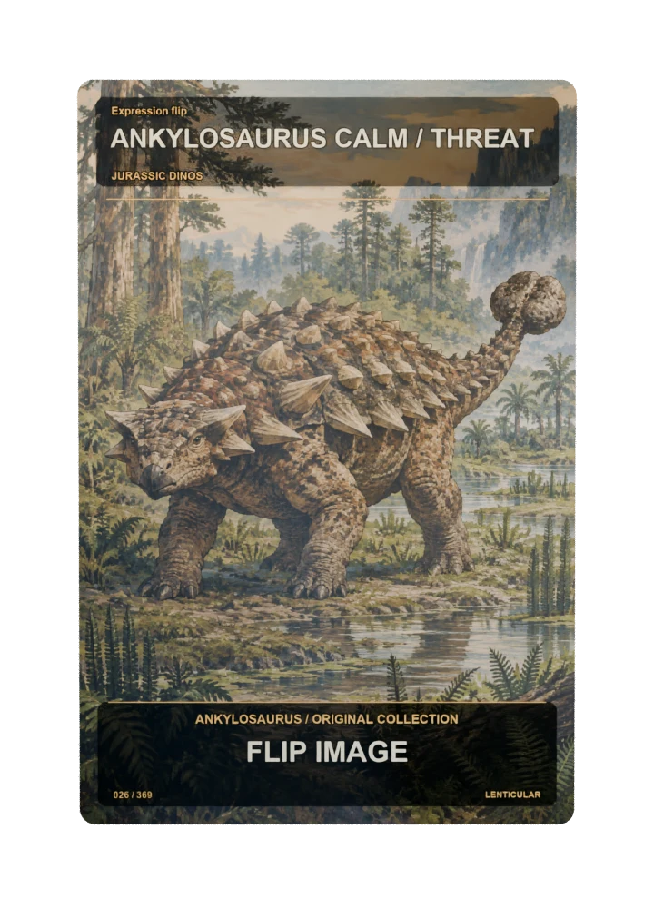 Ankylosaurus expression flip collectible card with two angle-dependent artwork states