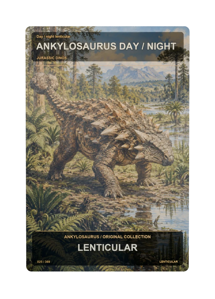 Ankylosaurus day / night lenticular collectible card with two angle-dependent artwork states