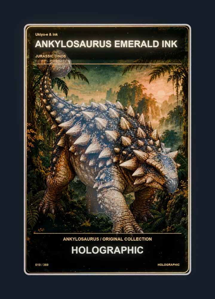 Ankylosaurus ukiyo-e & ink collectible card with holographic foil