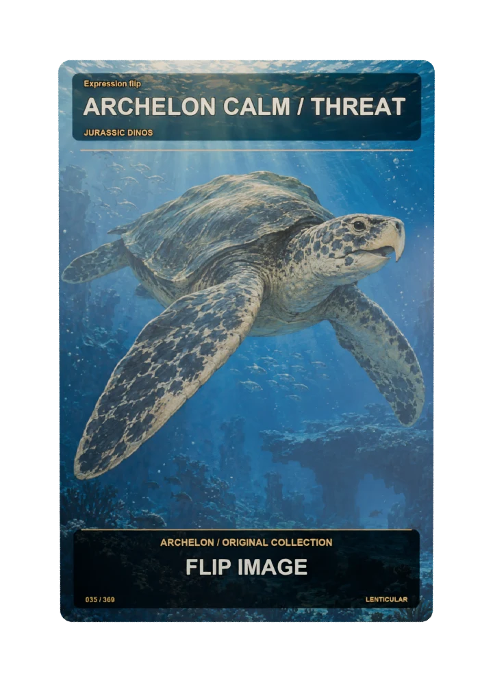 Archelon expression flip collectible card with two angle-dependent artwork states