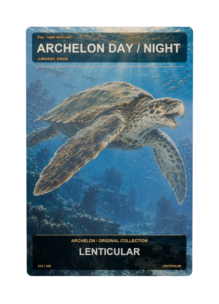 Archelon day / night lenticular collectible card with two angle-dependent artwork states