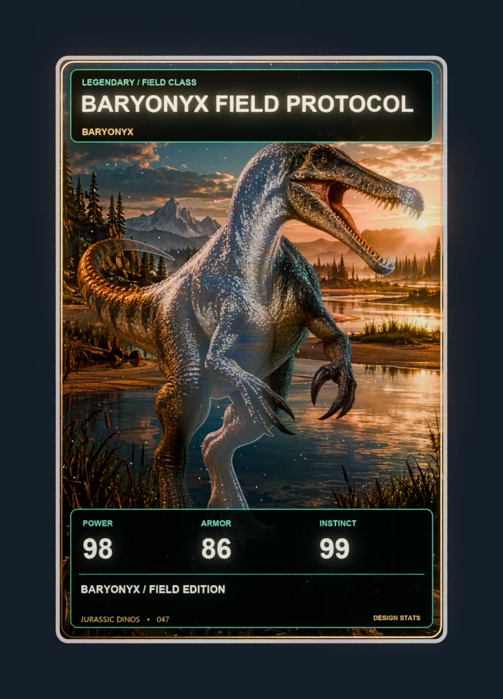 Baryonyx realistic 3d game collectible card with holographic foil