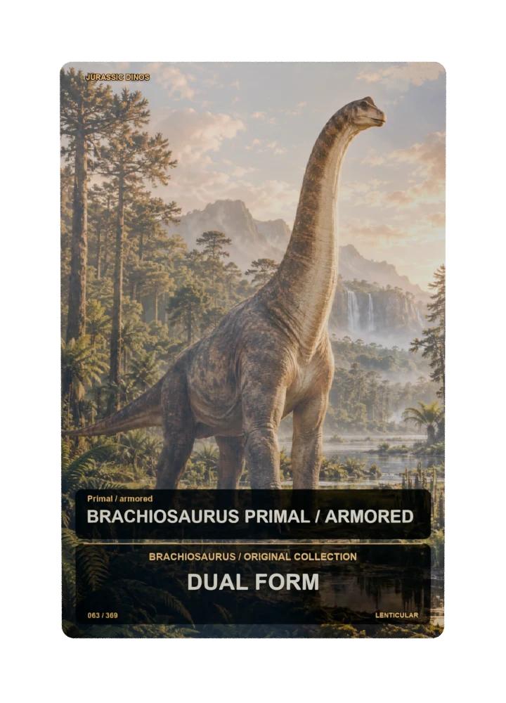 Brachiosaurus primal / armored collectible card with two angle-dependent artwork states