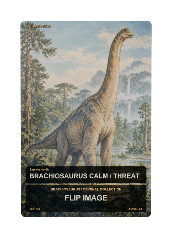 Brachiosaurus expression flip collectible card with two angle-dependent artwork states