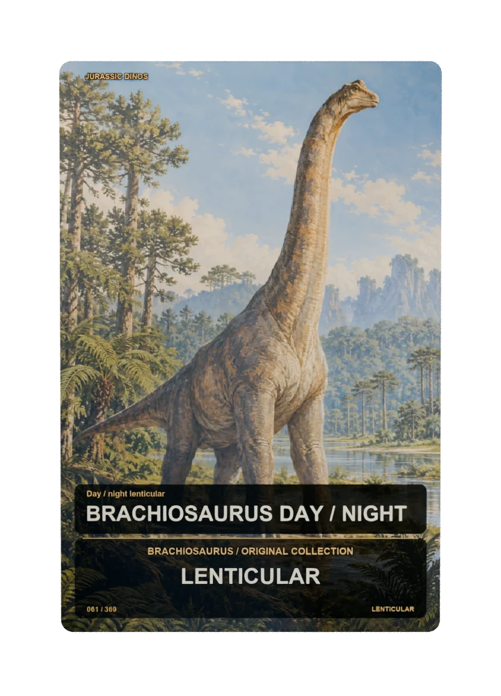 Brachiosaurus day / night lenticular collectible card with two angle-dependent artwork states