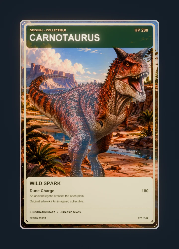 Carnotaurus full-art collection collectible card with holographic foil