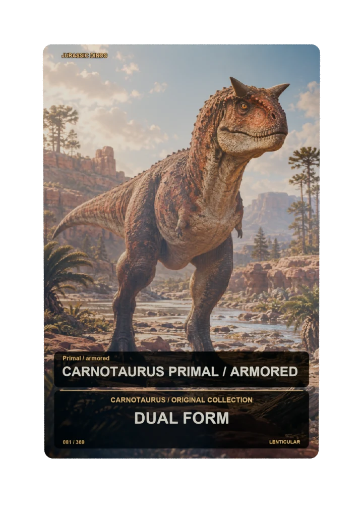 Carnotaurus primal / armored collectible card with two angle-dependent artwork states