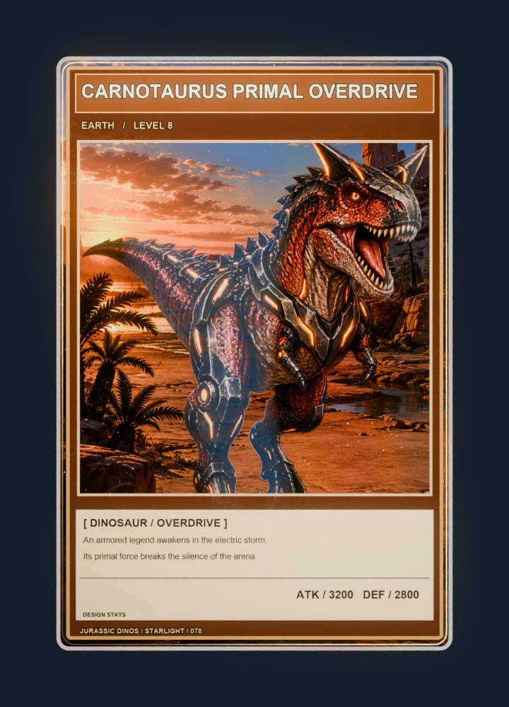 Carnotaurus anime battle collectible card with holographic foil