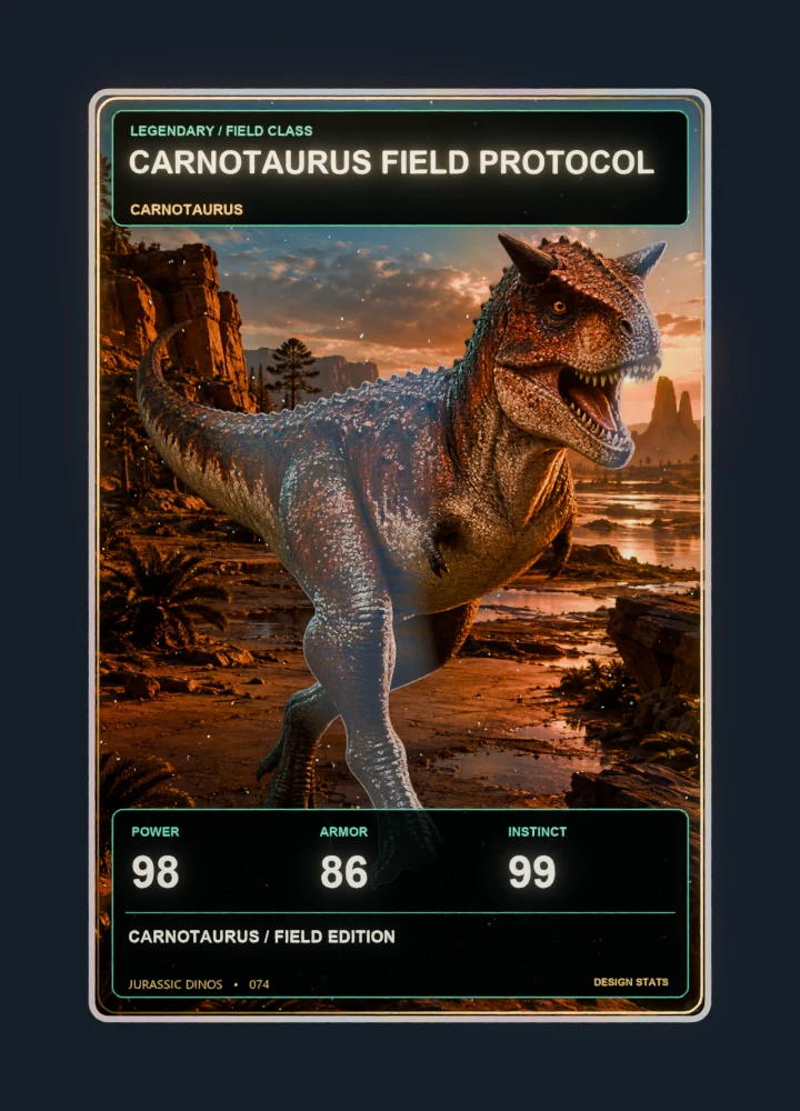 Carnotaurus realistic 3d game collectible card with holographic foil