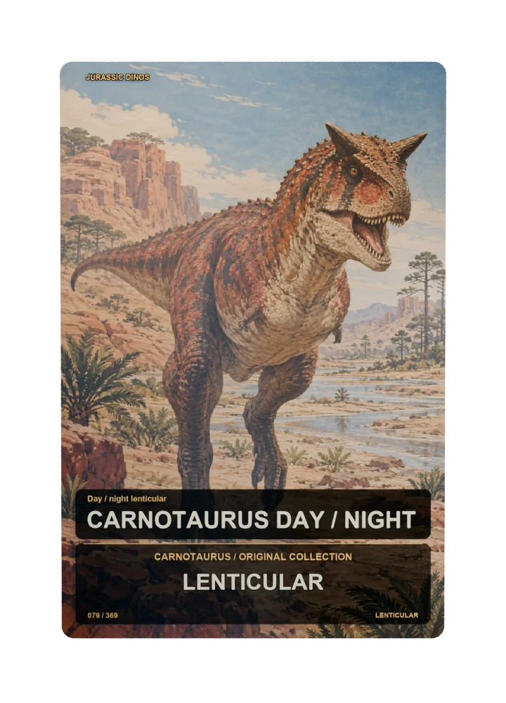 Carnotaurus day / night lenticular collectible card with two angle-dependent artwork states