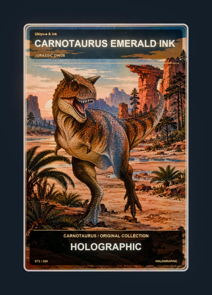 Carnotaurus ukiyo-e & ink collectible card with holographic foil