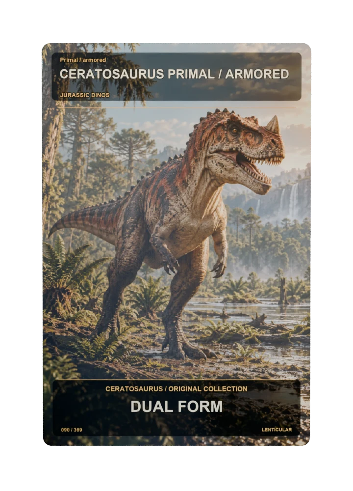 Ceratosaurus primal / armored collectible card with two angle-dependent artwork states
