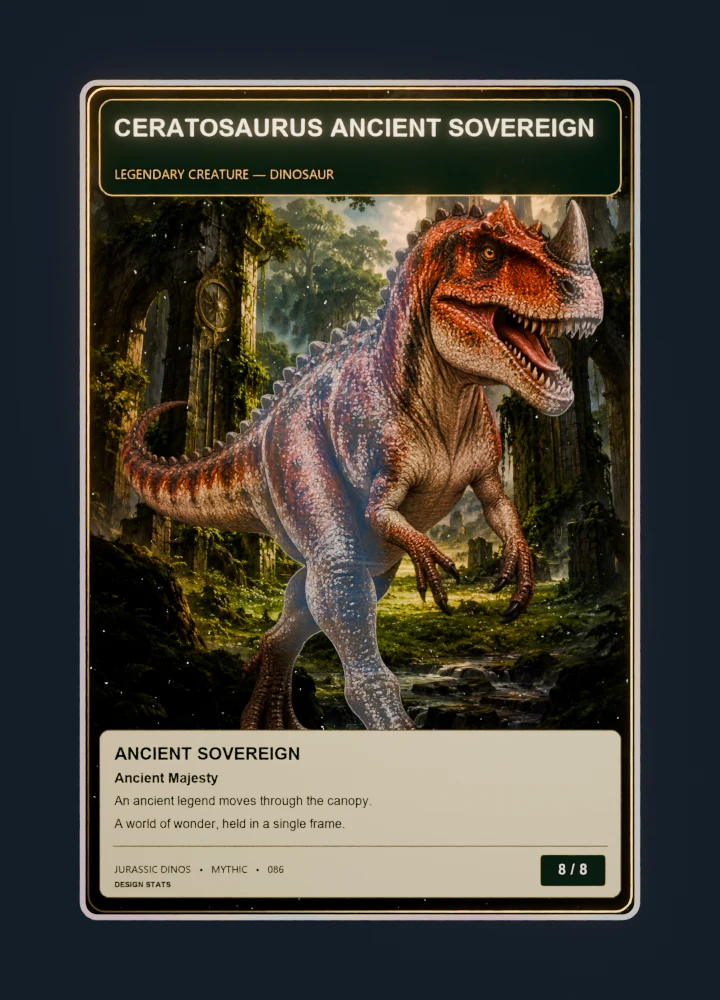 Ceratosaurus fantasy oil painting collectible card with holographic foil