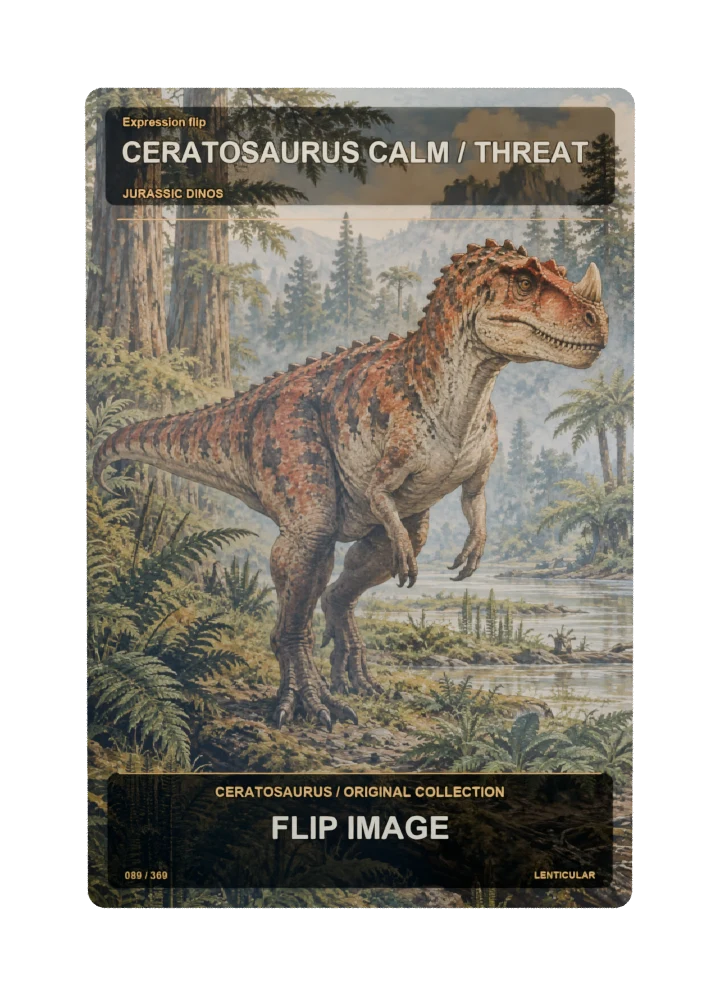 Ceratosaurus expression flip collectible card with two angle-dependent artwork states