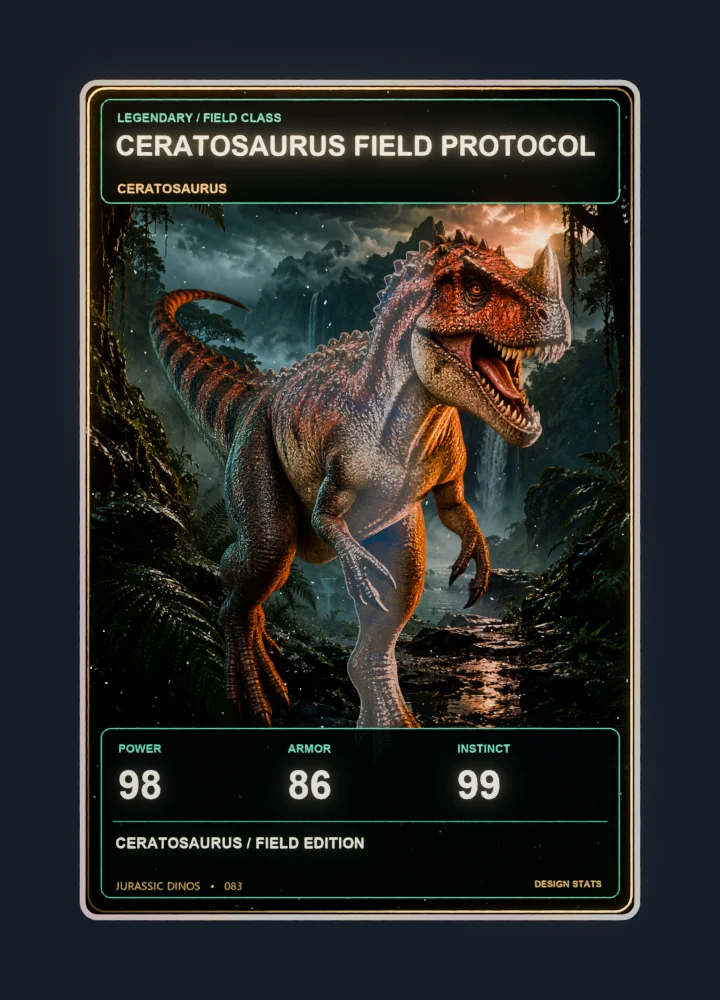 Ceratosaurus realistic 3d game collectible card with holographic foil