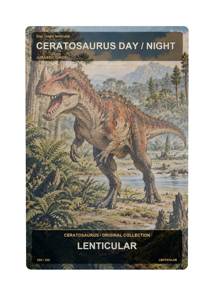 Ceratosaurus day / night lenticular collectible card with two angle-dependent artwork states