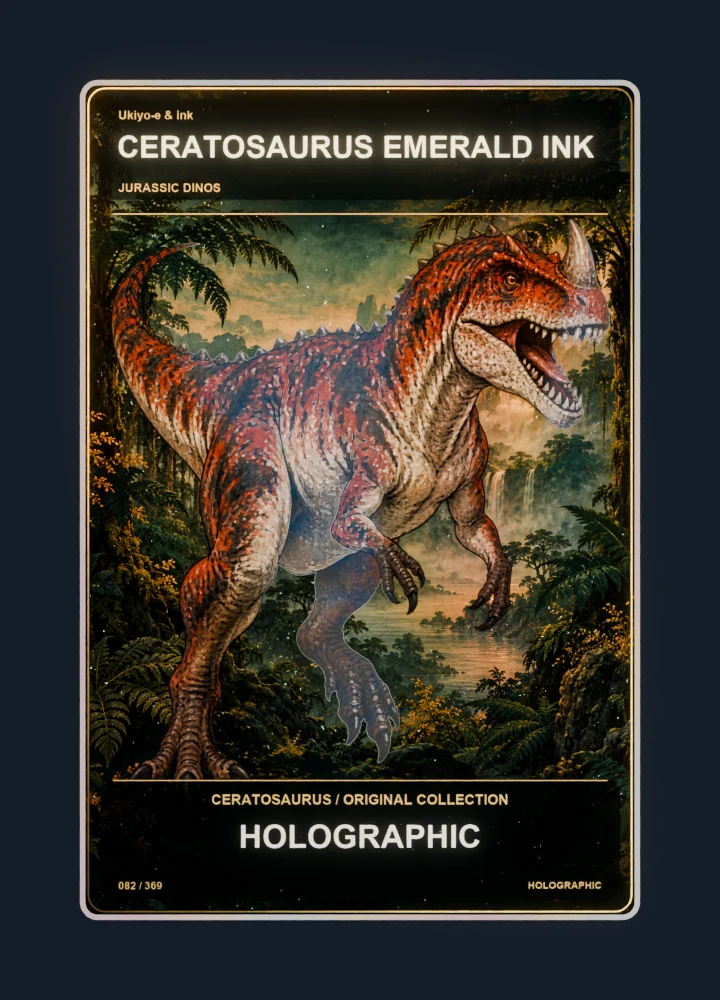 Ceratosaurus ukiyo-e & ink collectible card with holographic foil