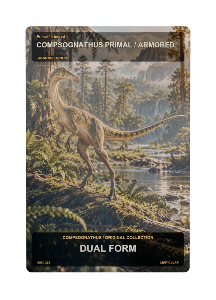 Compsognathus primal / armored collectible card with two angle-dependent artwork states