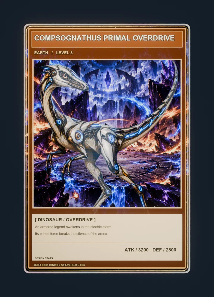 Compsognathus anime battle collectible card with holographic foil