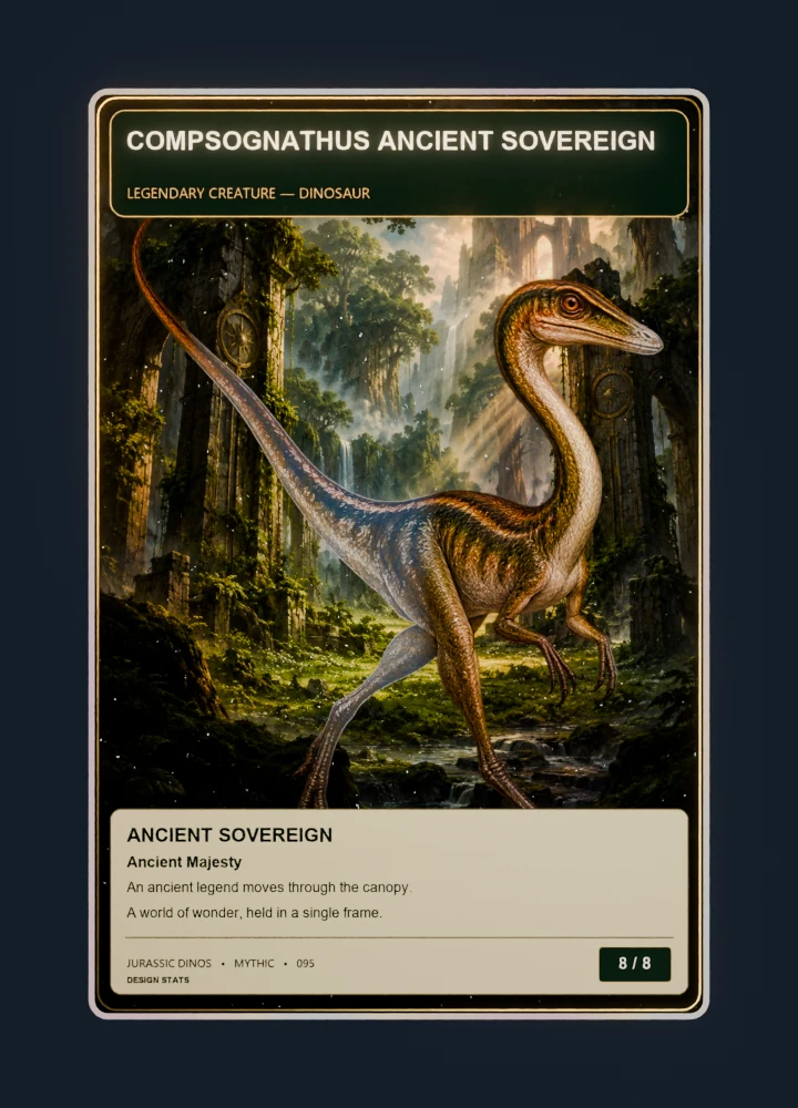 Compsognathus fantasy oil painting collectible card with holographic foil