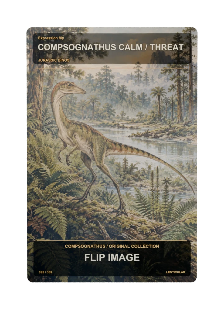 Compsognathus expression flip collectible card with two angle-dependent artwork states
