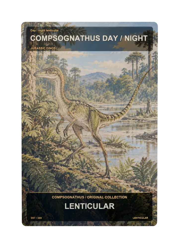 Compsognathus day / night lenticular collectible card with two angle-dependent artwork states