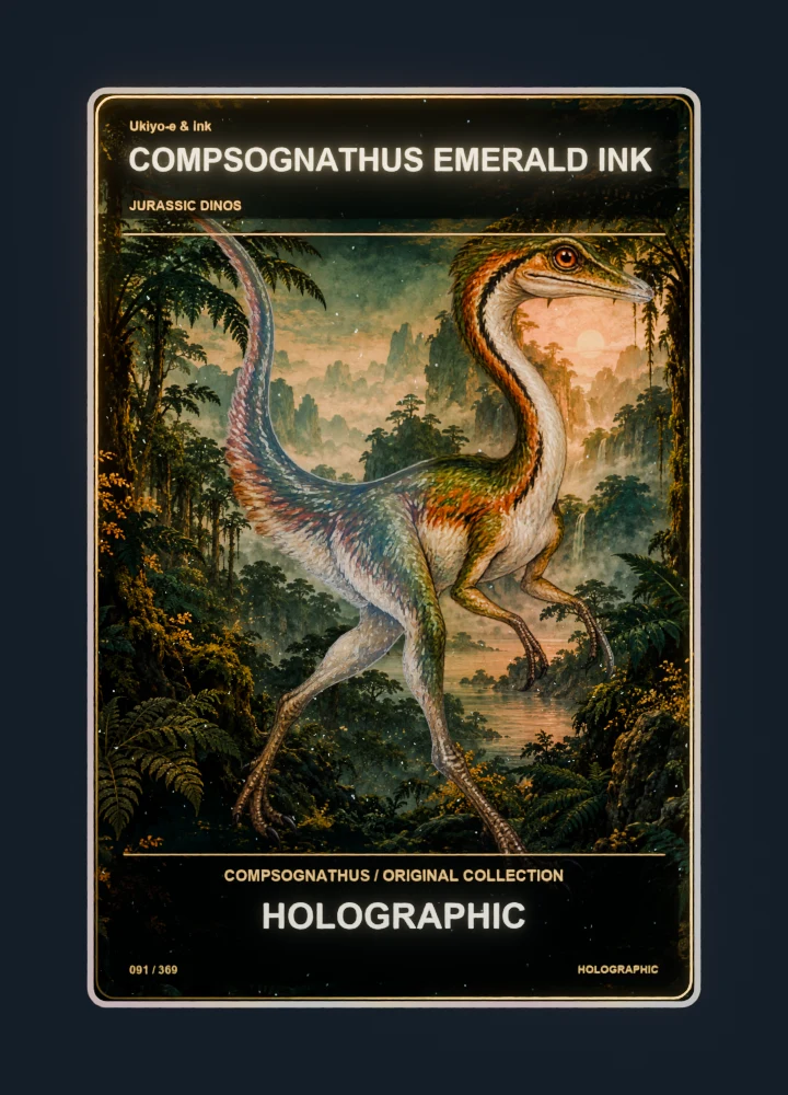 Compsognathus ukiyo-e & ink collectible card with holographic foil
