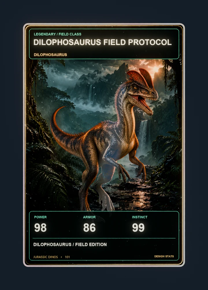 Dilophosaurus realistic 3d game collectible card with holographic foil
