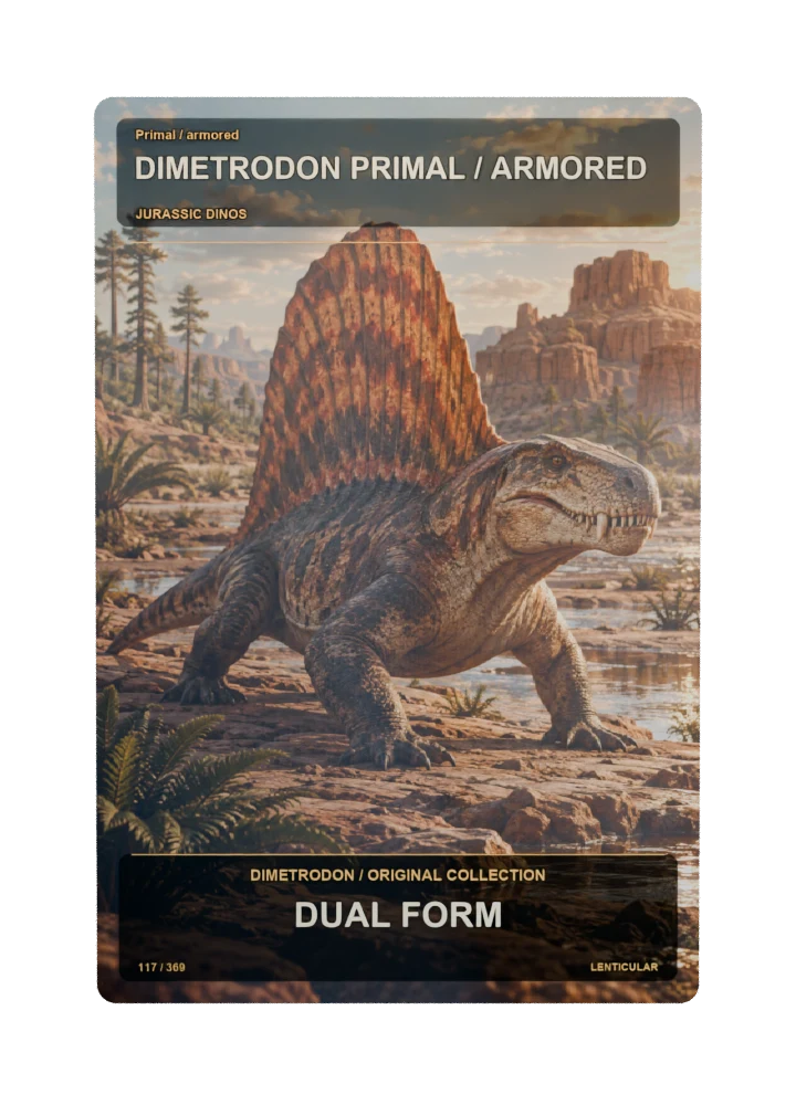 Dimetrodon primal / armored collectible card with two angle-dependent artwork states