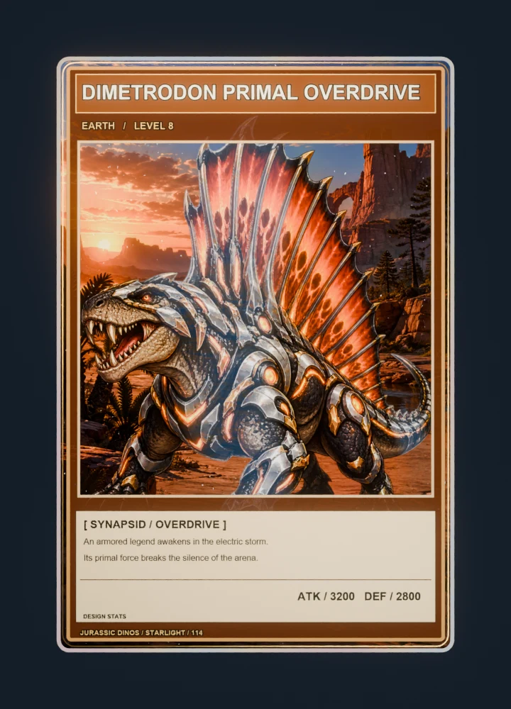 Dimetrodon anime battle collectible card with holographic foil