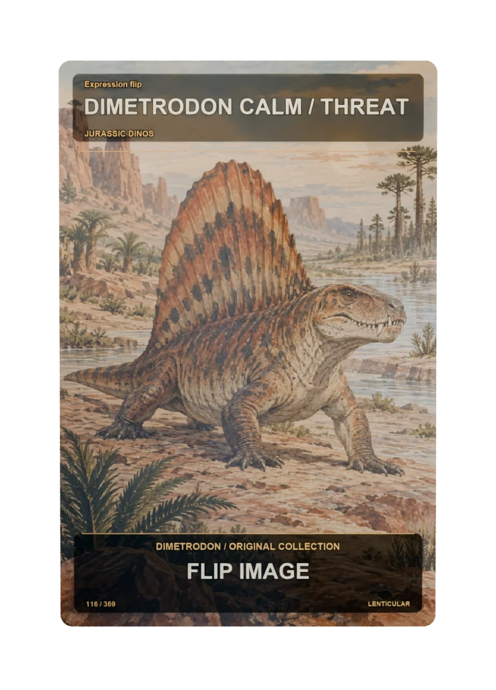 Dimetrodon expression flip collectible card with two angle-dependent artwork states