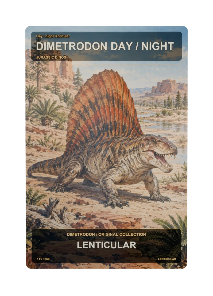 Dimetrodon day / night lenticular collectible card with two angle-dependent artwork states