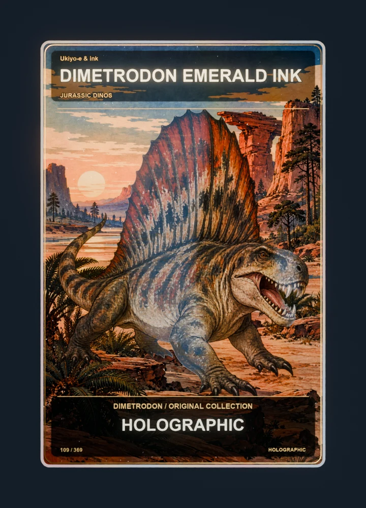 Dimetrodon ukiyo-e & ink collectible card with holographic foil