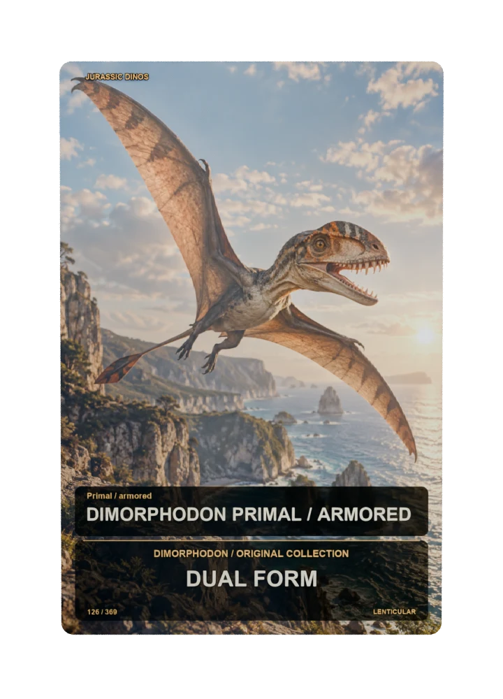 Dimorphodon primal / armored collectible card with two angle-dependent artwork states