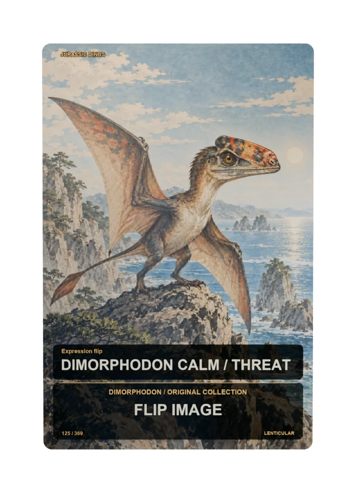 Dimorphodon expression flip collectible card with two angle-dependent artwork states