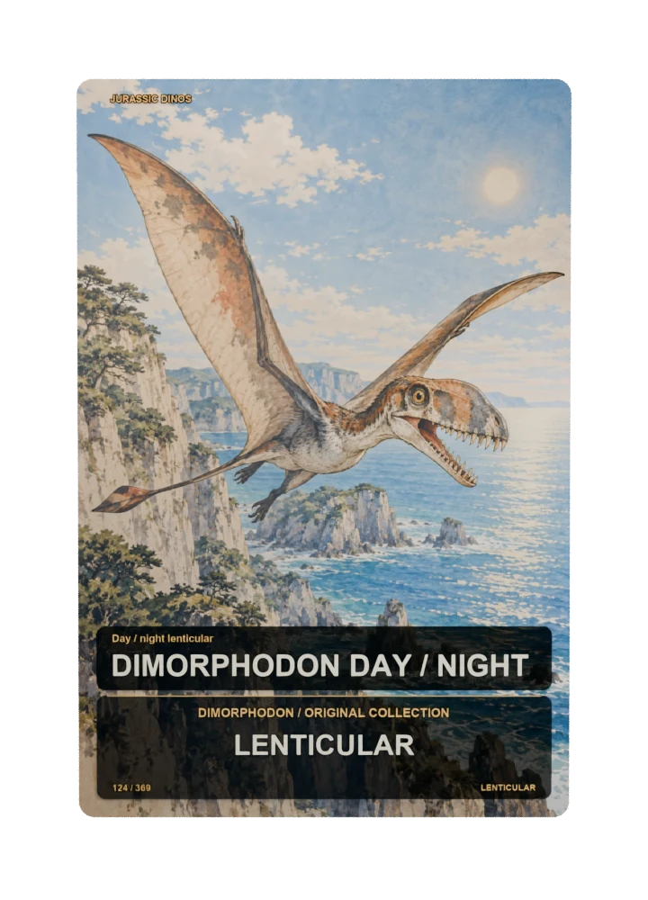 Dimorphodon day / night lenticular collectible card with two angle-dependent artwork states