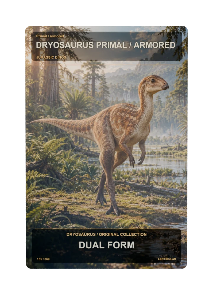 Dryosaurus primal / armored collectible card with two angle-dependent artwork states