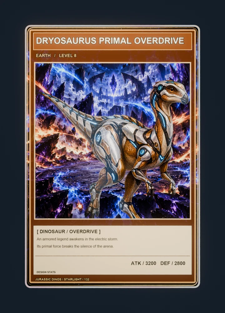 Dryosaurus anime battle collectible card with holographic foil