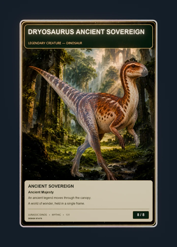 Dryosaurus fantasy oil painting collectible card with holographic foil
