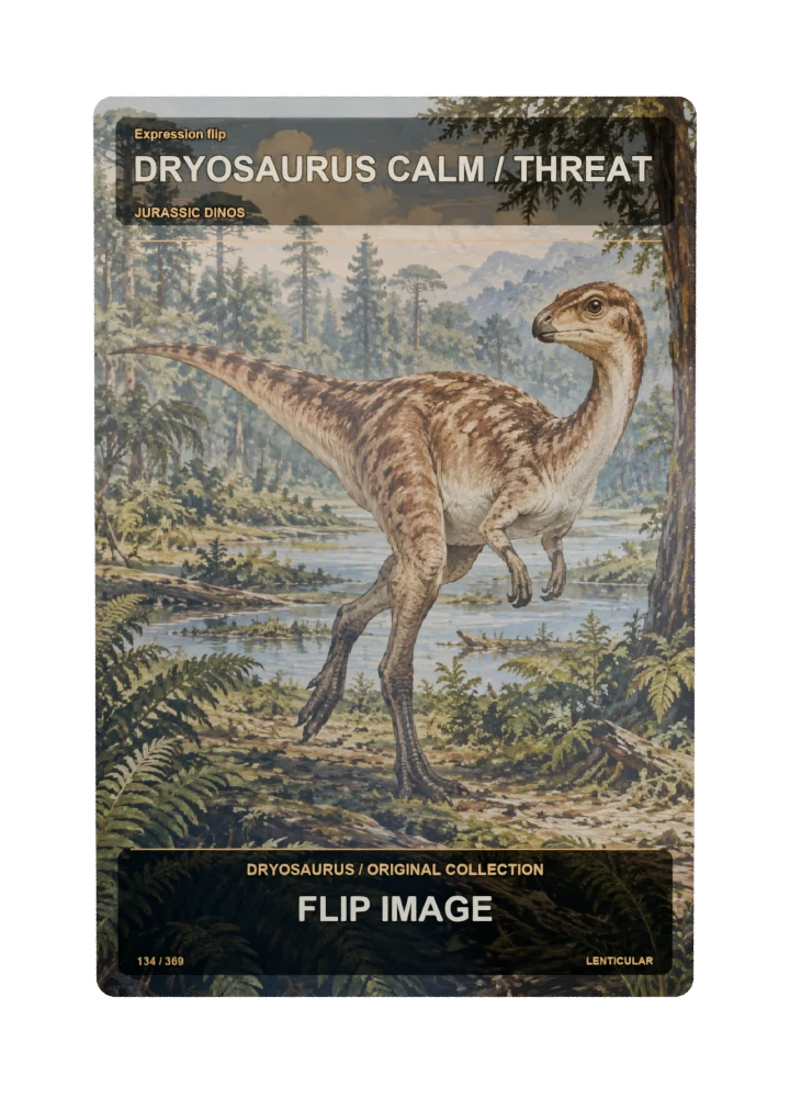 Dryosaurus expression flip collectible card with two angle-dependent artwork states