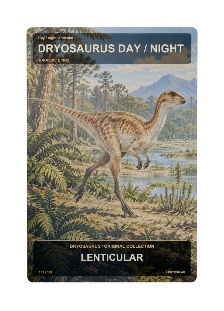Dryosaurus day / night lenticular collectible card with two angle-dependent artwork states