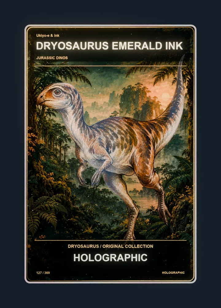 Dryosaurus ukiyo-e & ink collectible card with holographic foil