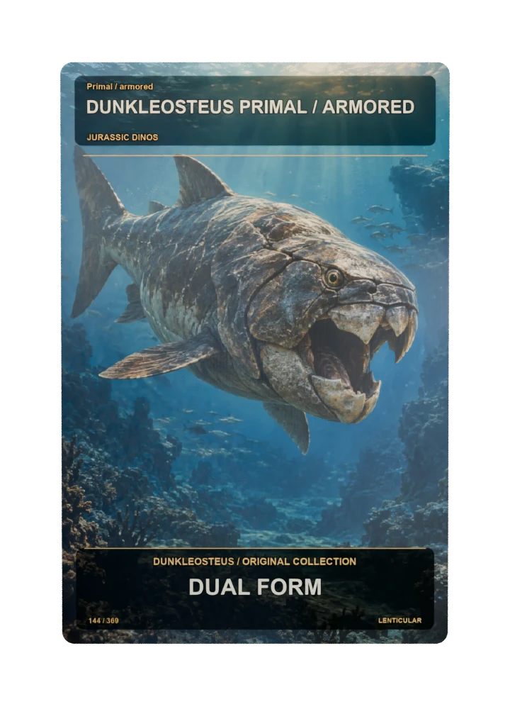 Dunkleosteus primal / armored collectible card with two angle-dependent artwork states